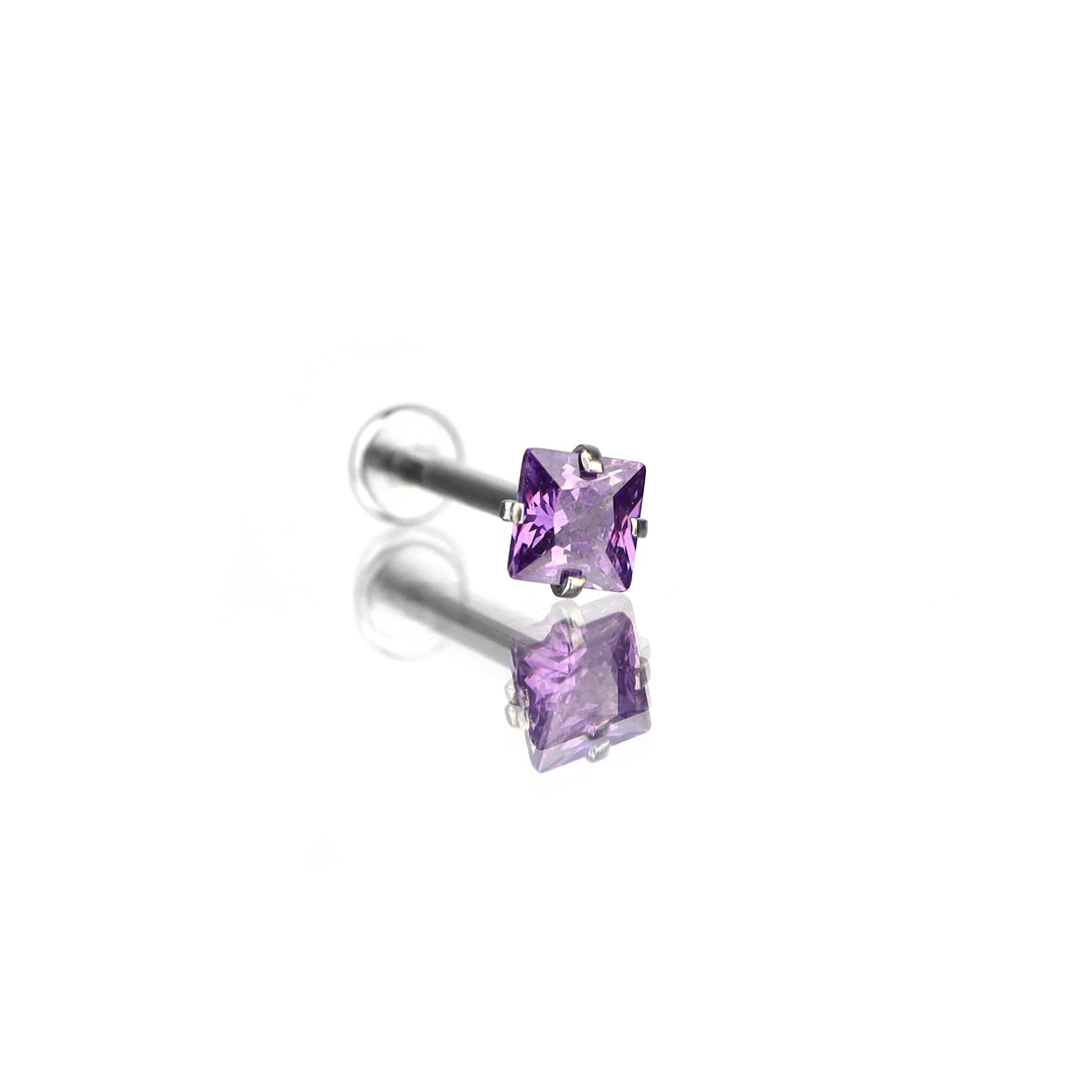 Square CZ Internally Threaded Stainless Steel Flat-Back Ring - Square CZ Internally Threaded Stainless Steel Flat-Back Ring - Purple / 4mm / 6mm by CRUXJEWELRY
