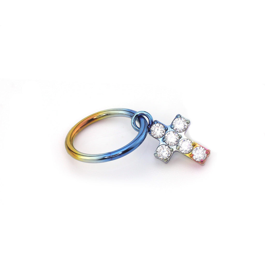 Cross Pendant CZ Titanium Ear Segment Hoop - Cross Pendant CZ Titanium Ear Segment Hoop - Rainbow / 6mm by CRUXJEWELRY