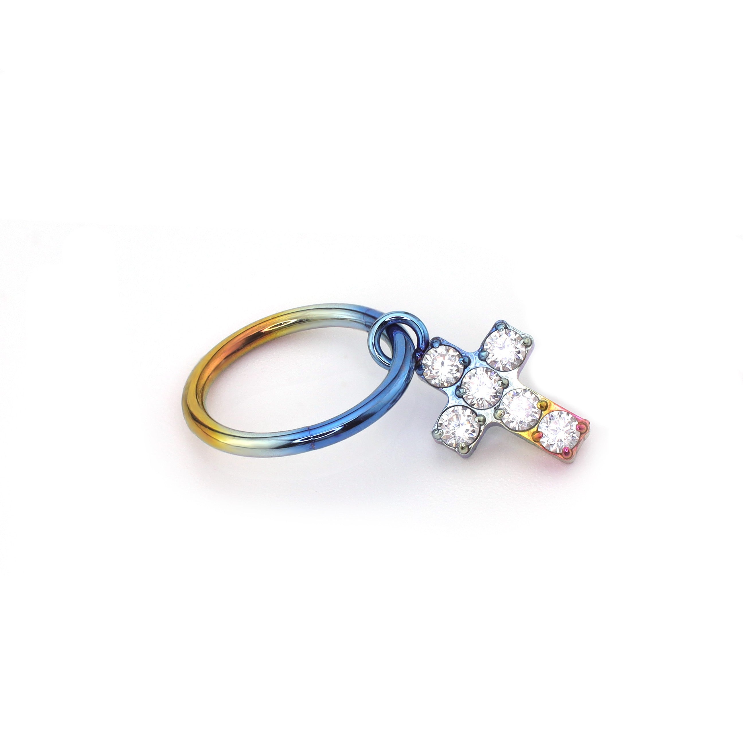 Cross Pendant CZ Titanium Ear Segment Hoop - Cross Pendant CZ Titanium Ear Segment Hoop - Rainbow / 6mm by CRUXJEWELRY