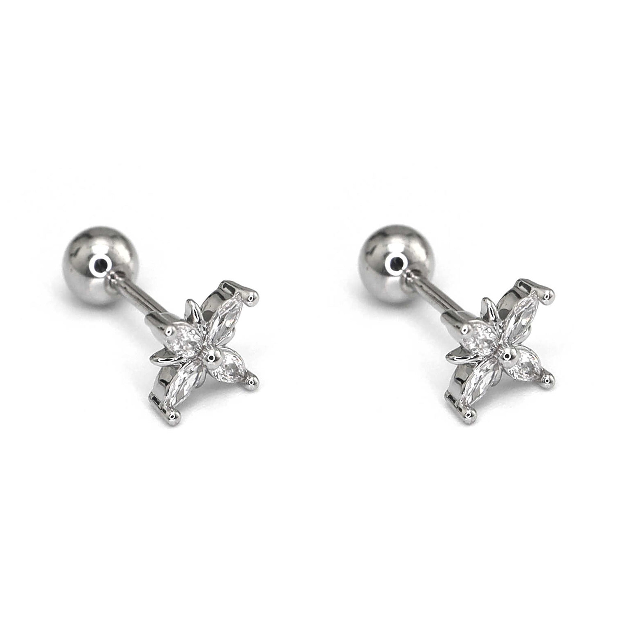 Minimalist Four Flower Ear Stud with Zirconia - Minimalist Four Flower Ear Stud with Zirconia - Single by CRUXJEWELRY