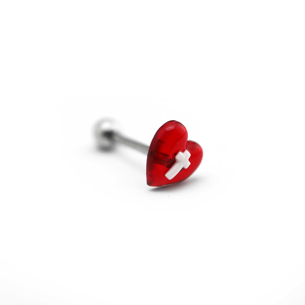 CRUX - Resin Heart Cross stainless steel Tongue Stud - CRUX - Resin Heart Cross stainless steel Tongue Stud - 1.2mm/16G / 12mm by CRUXJEWELRY