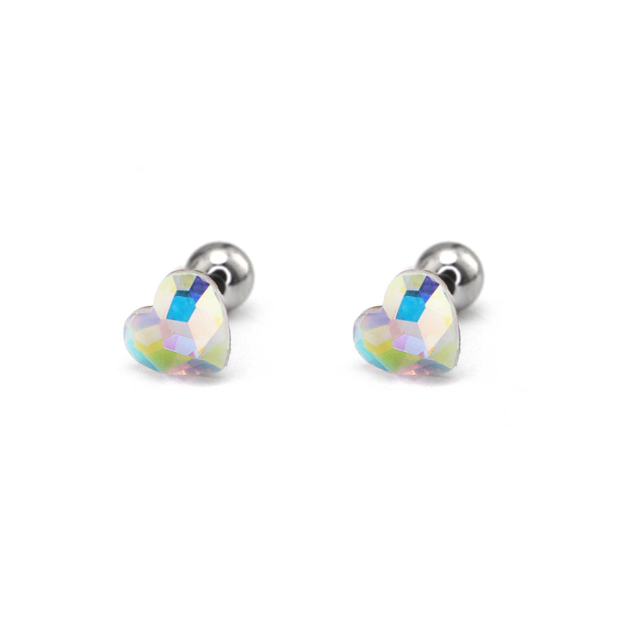 PAIR OF Basic Heart Crystal Thin Gauge stainless steel Ear Studs - PAIR OF Basic Heart Crystal Thin Gauge stainless steel Ear Studs - AB Coating by CRUXJEWELRY