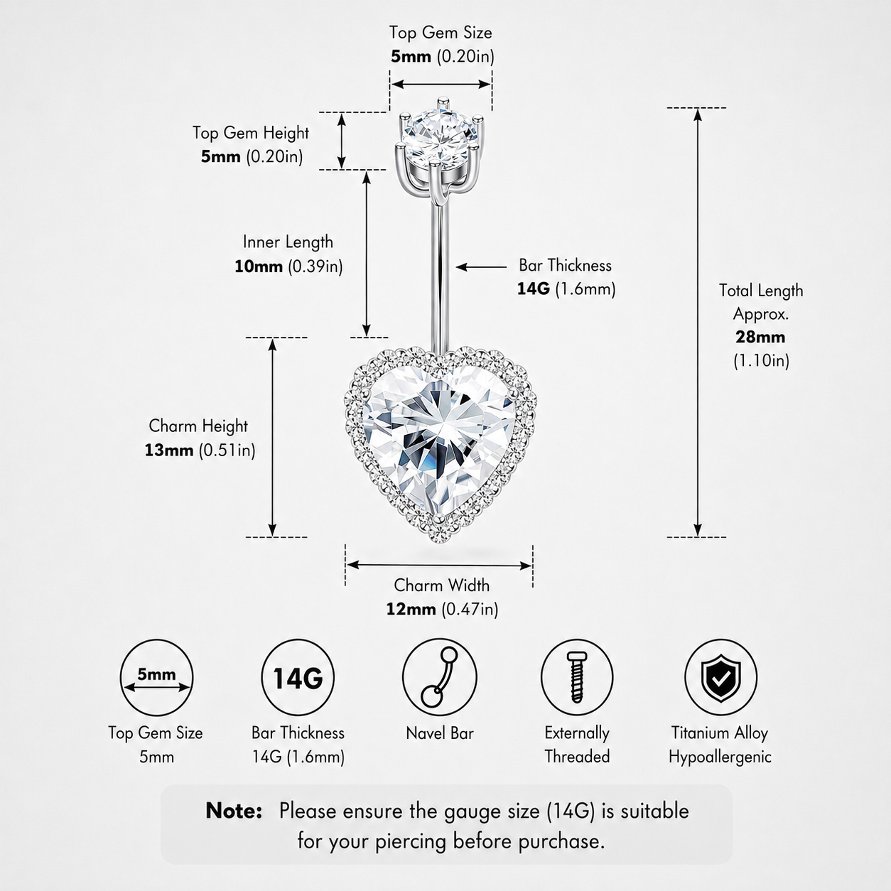 Heart-Shaped CZ F136 Ttitanium Belly Ring