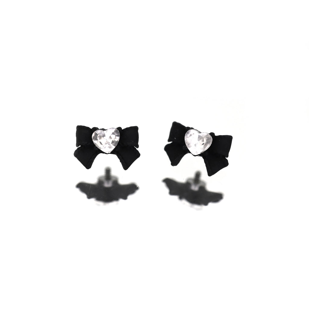 Y2K Gothic Heart & Bow Ear Stud - Y2K Gothic Heart & Bow Ear Stud - Black / 6mm by CRUXJEWELRY