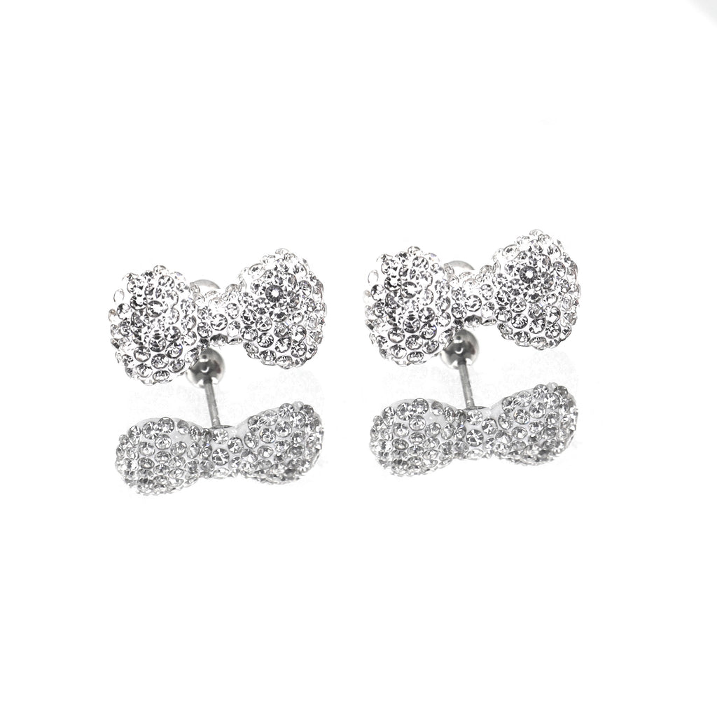 Christmas - Large Full CZ Bow Tie Stainless Steel Ear Studs - Christmas - Large Full CZ Bow Tie Stainless Steel Ear Studs - White / Set / 0.8mm/20G by CRUXJEWELRY