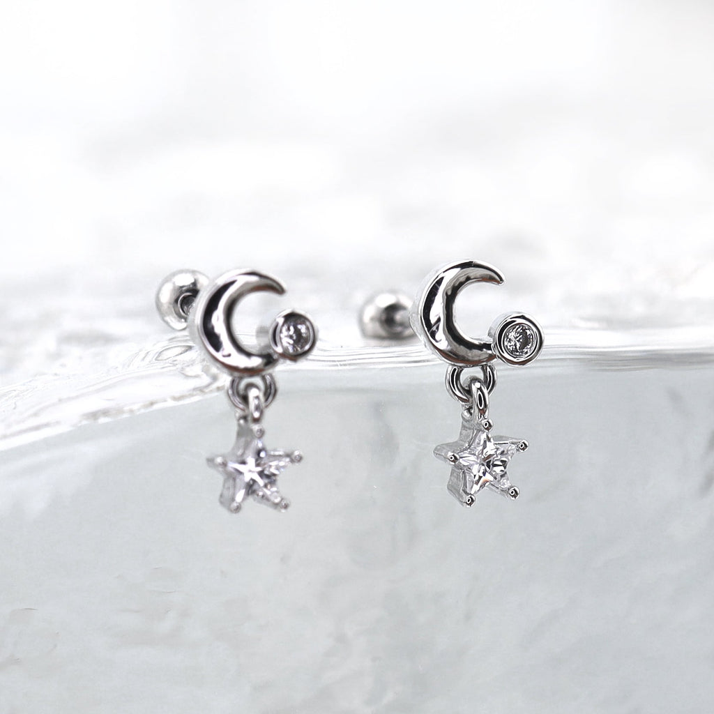 Star & Moon Dangle white-gold-plated copper Ear Studs - Star & Moon Dangle white-gold-plated copper Ear Studs - Single by CRUXJEWELRY