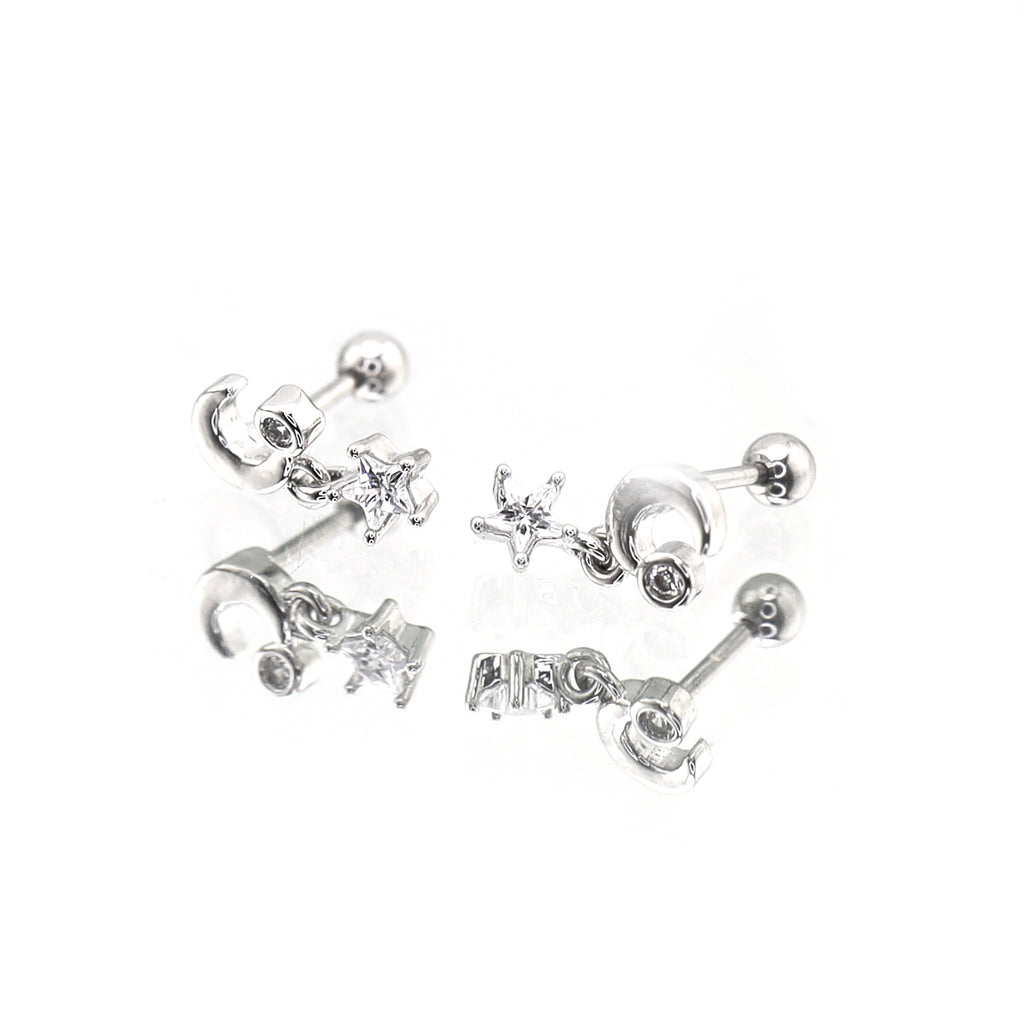 Star & Moon Dangle white-gold-plated copper Ear Studs - Star & Moon Dangle white-gold-plated copper Ear Studs - Set by CRUXJEWELRY