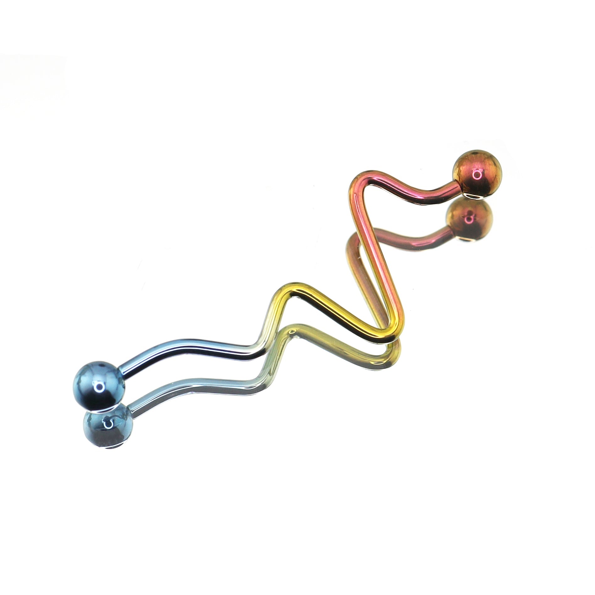 Wave-Shaped ECG Pattern Titanium Industrial Barbell - Wave-Shaped ECG Pattern Titanium Industrial Barbell - Pink-Yellow Gradient by CRUXJEWELRY
