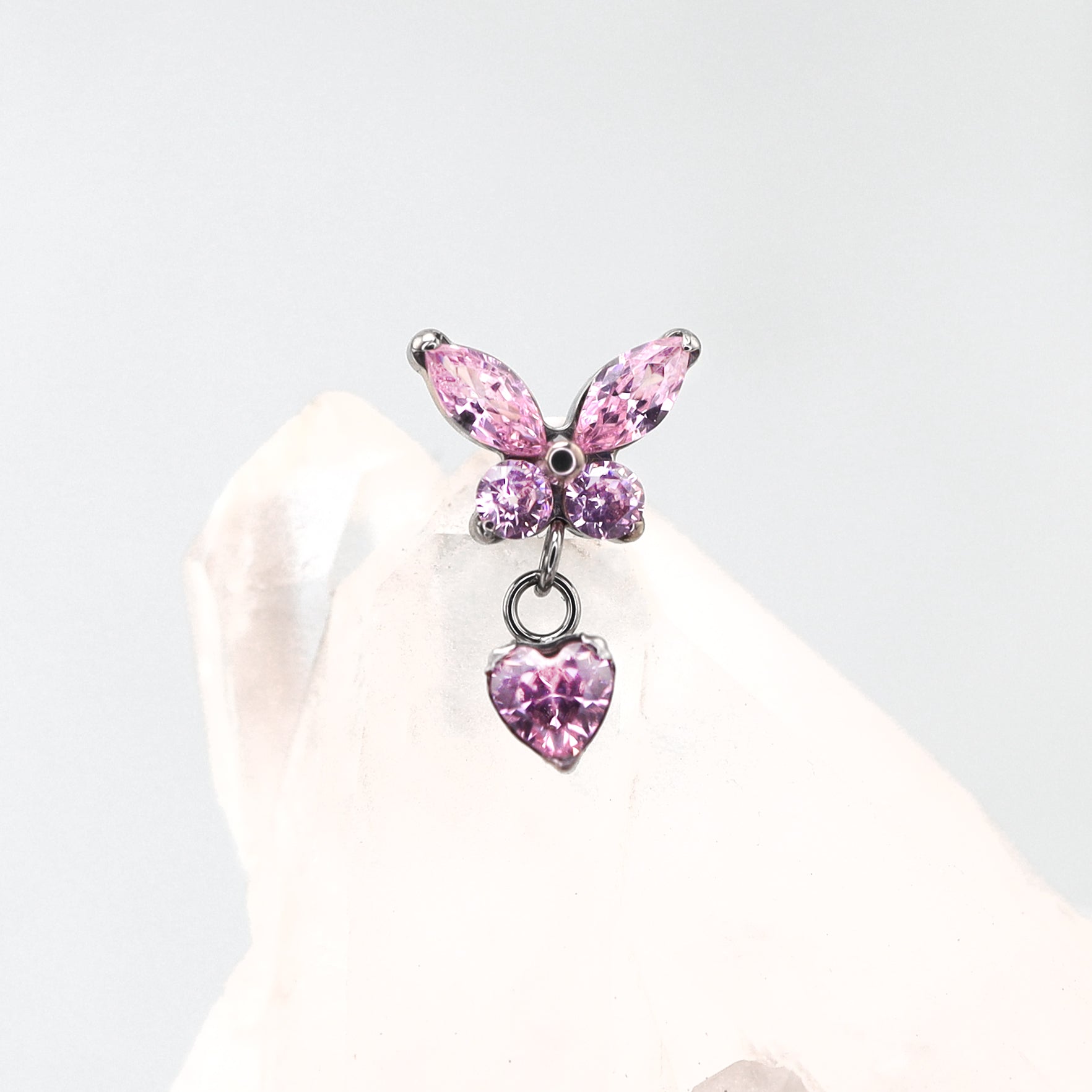 Butterfly & Heart Pendant CZ Titanium Labret Studs - Butterfly & Heart Pendant CZ Titanium Labret Studs - Blue / 6mm by CRUXJEWELRY