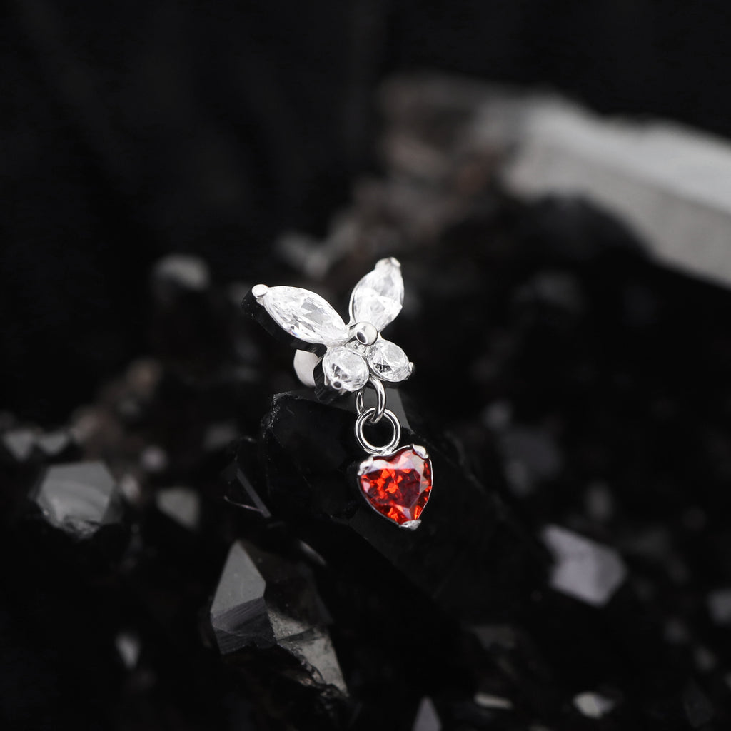 Butterfly & Heart Pendant CZ Titanium Labret Studs - Butterfly & Heart Pendant CZ Titanium Labret Studs - Blue / 6mm by CRUXJEWELRY