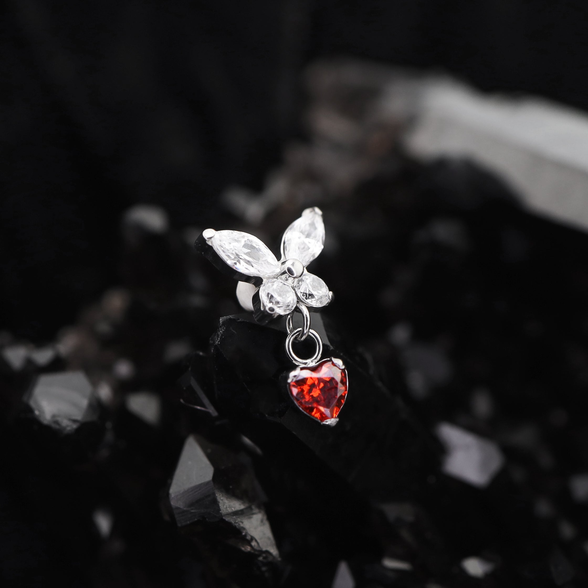 Butterfly & Heart Pendant CZ Titanium Labret Studs - Butterfly & Heart Pendant CZ Titanium Labret Studs - Blue / 6mm by CRUXJEWELRY