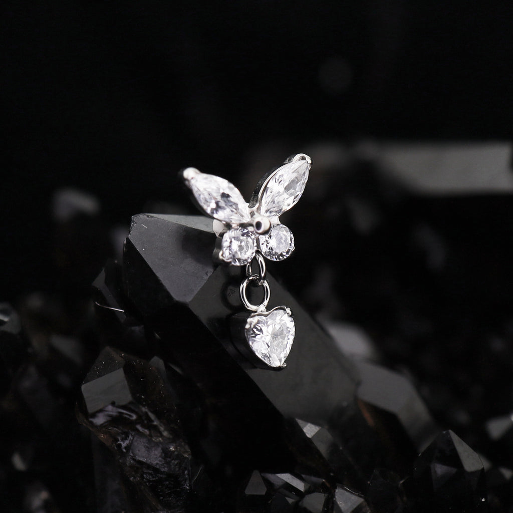Butterfly & Heart Pendant CZ Titanium Labret Studs - Butterfly & Heart Pendant CZ Titanium Labret Studs - Blue / 6mm by CRUXJEWELRY