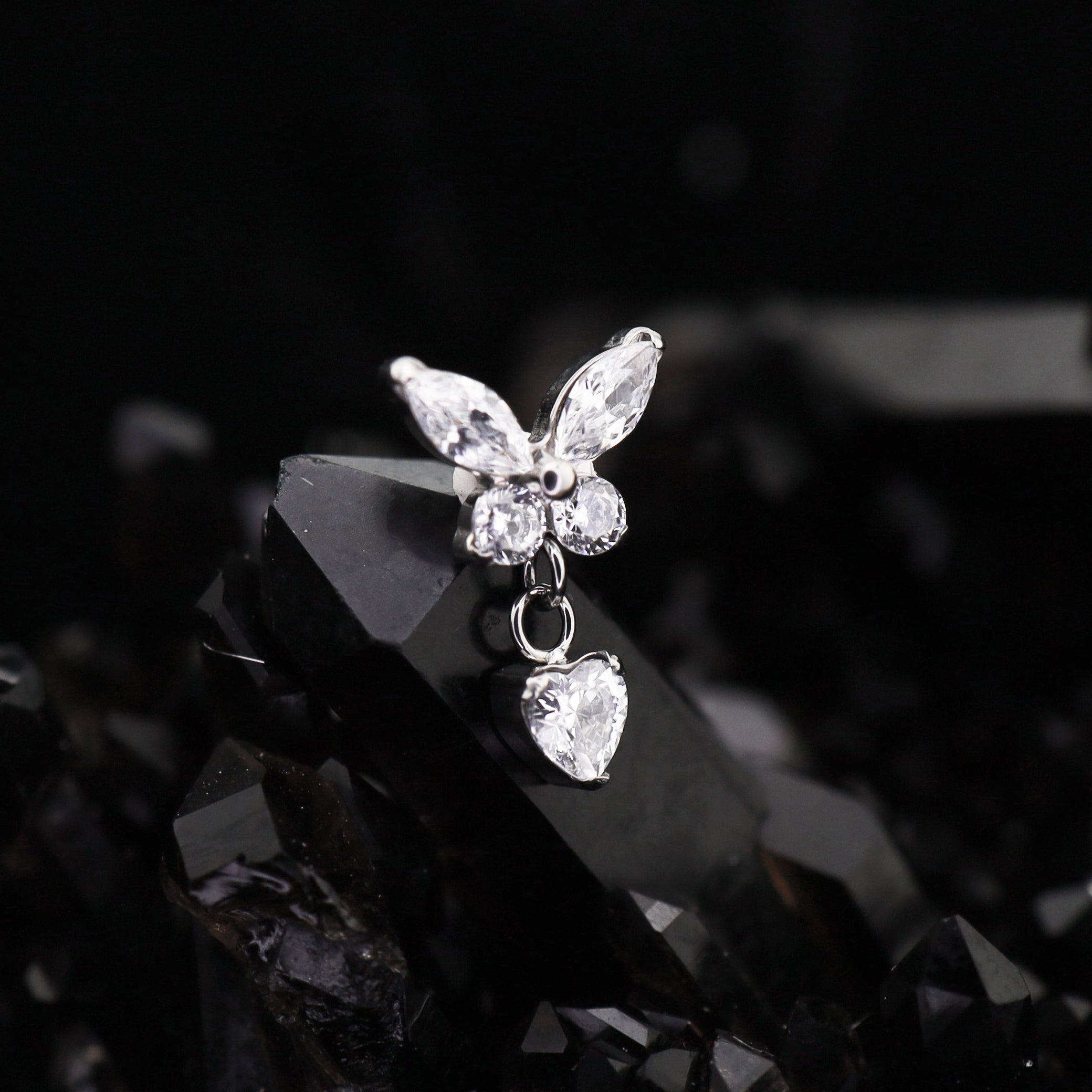 Butterfly & Heart Pendant CZ Titanium Labret Studs - Butterfly & Heart Pendant CZ Titanium Labret Studs - Blue / 6mm by CRUXJEWELRY