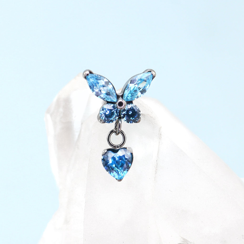 Butterfly & Heart Pendant CZ Titanium Labret Studs - Butterfly & Heart Pendant CZ Titanium Labret Studs - Blue / 6mm by CRUXJEWELRY