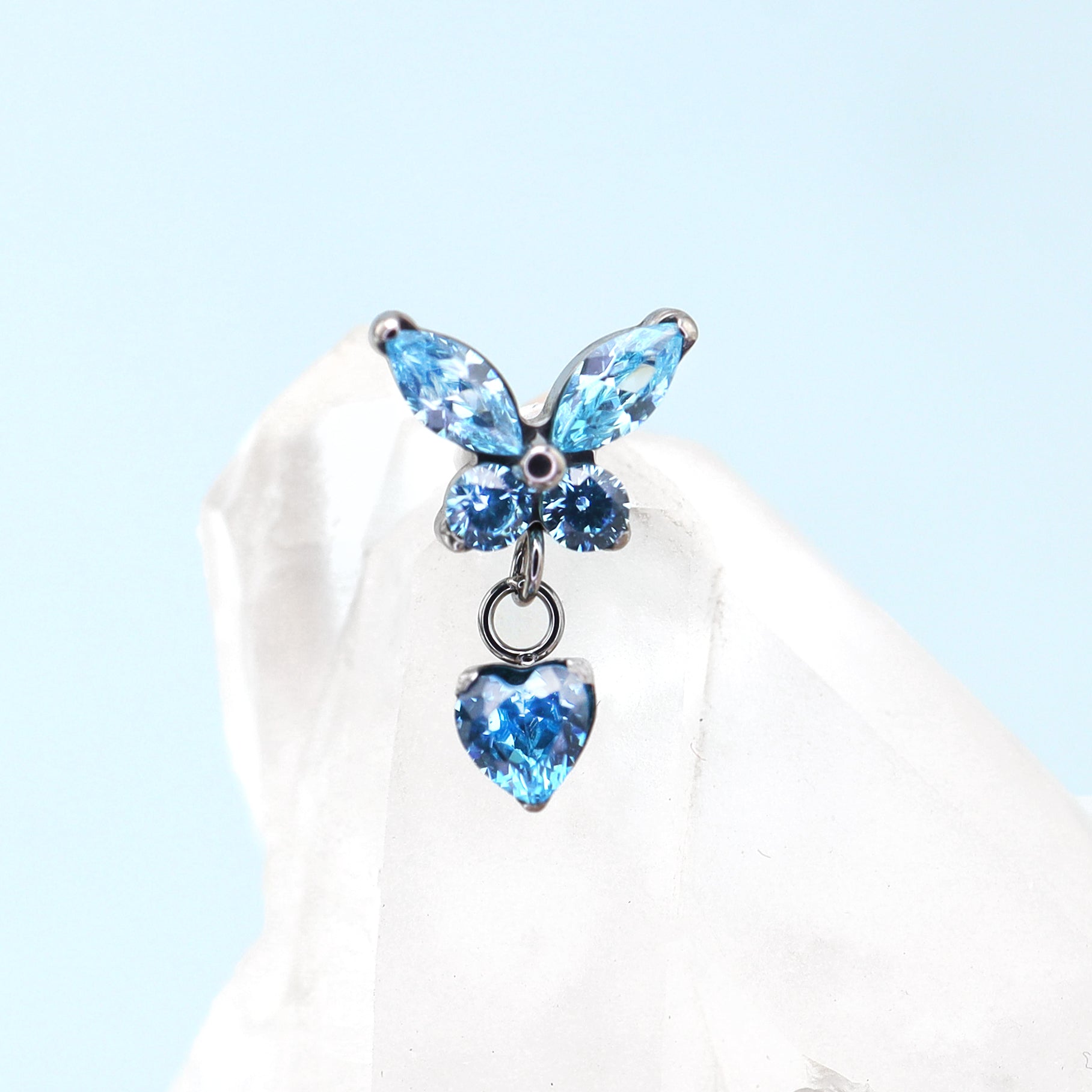 Butterfly & Heart Pendant CZ Titanium Labret Studs - Butterfly & Heart Pendant CZ Titanium Labret Studs - Blue / 6mm by CRUXJEWELRY