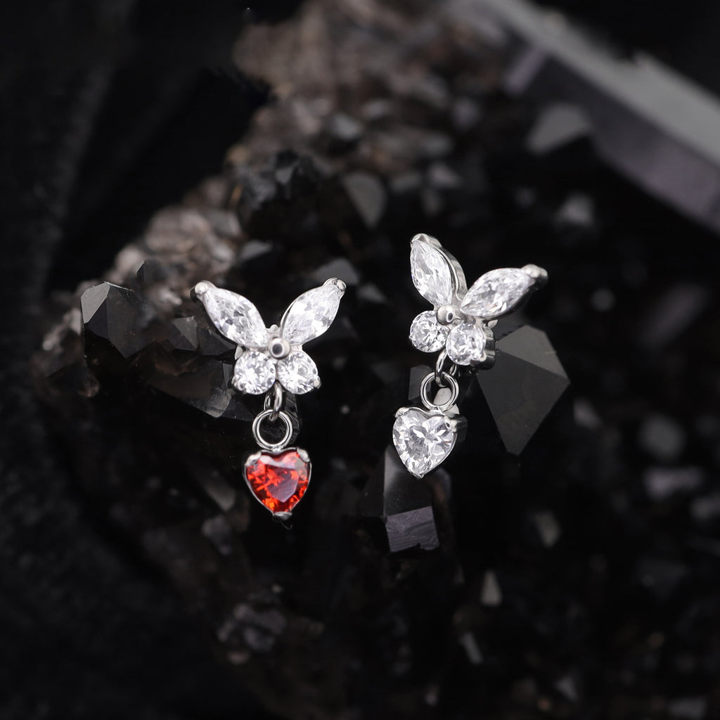 Butterfly & Heart Pendant CZ Titanium Labret Studs - Butterfly & Heart Pendant CZ Titanium Labret Studs - Blue / 6mm by CRUXJEWELRY