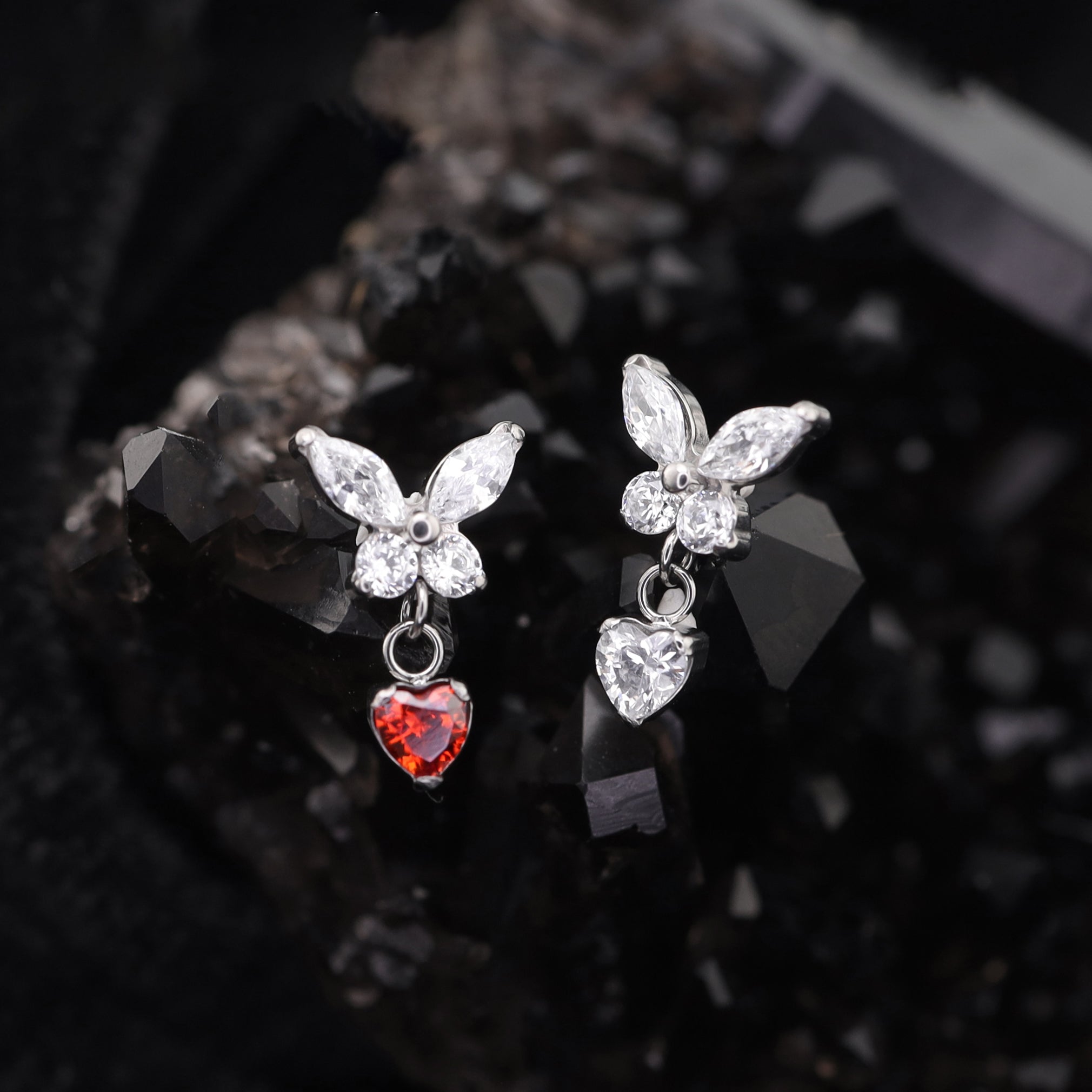 Butterfly & Heart Pendant CZ Titanium Labret Studs - Butterfly & Heart Pendant CZ Titanium Labret Studs - Blue / 6mm by CRUXJEWELRY