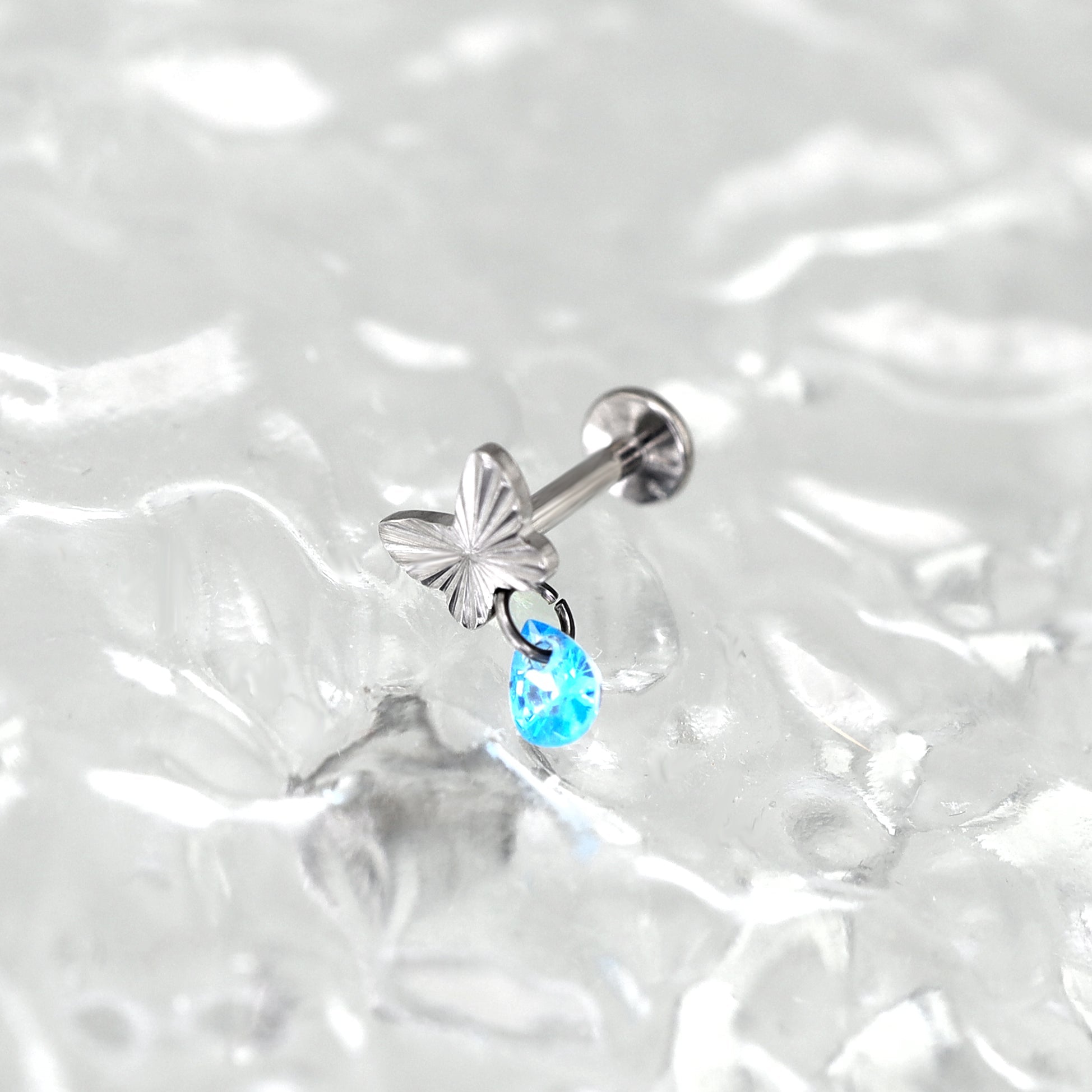 Engraved Butterfly Blue Teardrop Pendant Titanium Labret Studs - Engraved Butterfly Blue Teardrop Pendant Titanium Labret Studs - 6mm by CRUXJEWELRY