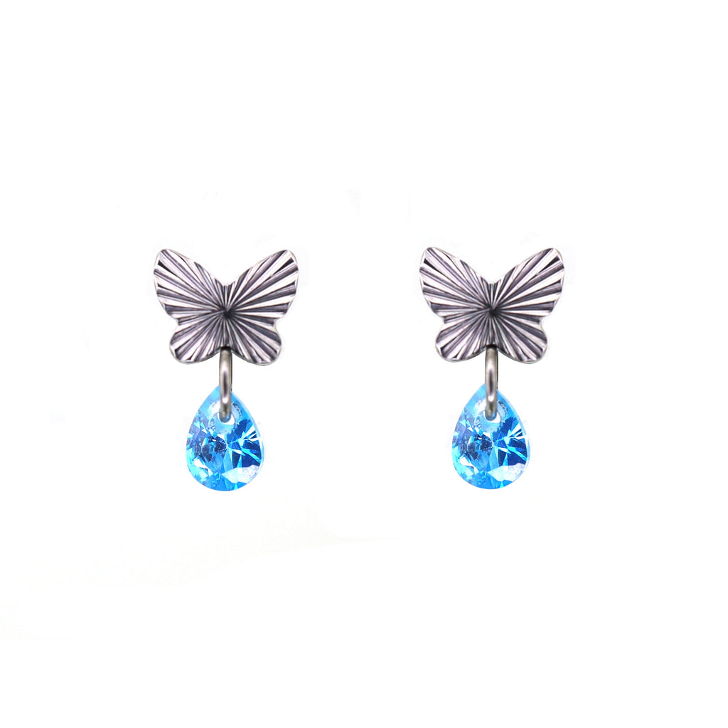 Engraved Butterfly Blue Teardrop Pendant Titanium Labret Studs - Engraved Butterfly Blue Teardrop Pendant Titanium Labret Studs - 6mm by CRUXJEWELRY