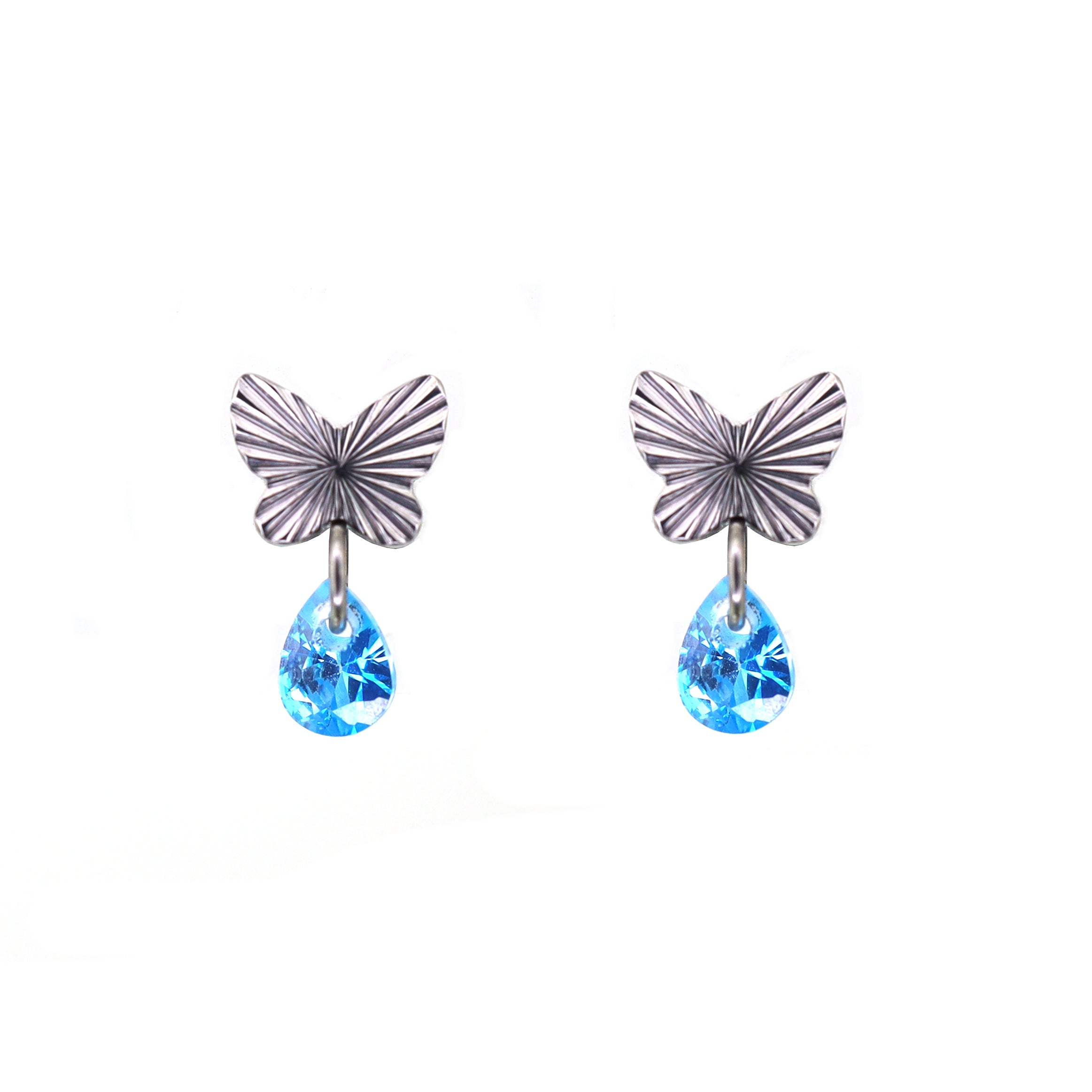 Engraved Butterfly Blue Teardrop Pendant Titanium Labret Studs - Engraved Butterfly Blue Teardrop Pendant Titanium Labret Studs - 6mm by CRUXJEWELRY
