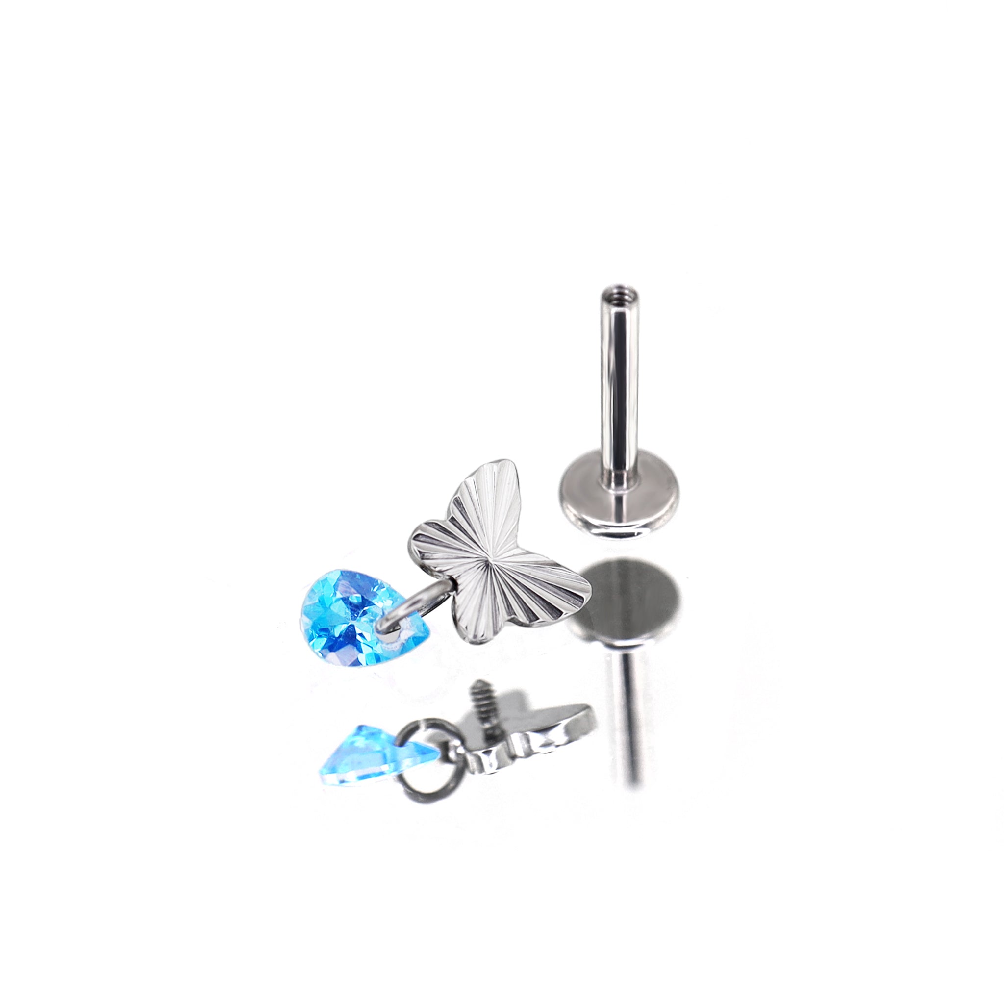 Engraved Butterfly Blue Teardrop Pendant Titanium Labret Studs - Engraved Butterfly Blue Teardrop Pendant Titanium Labret Studs - 6mm by CRUXJEWELRY
