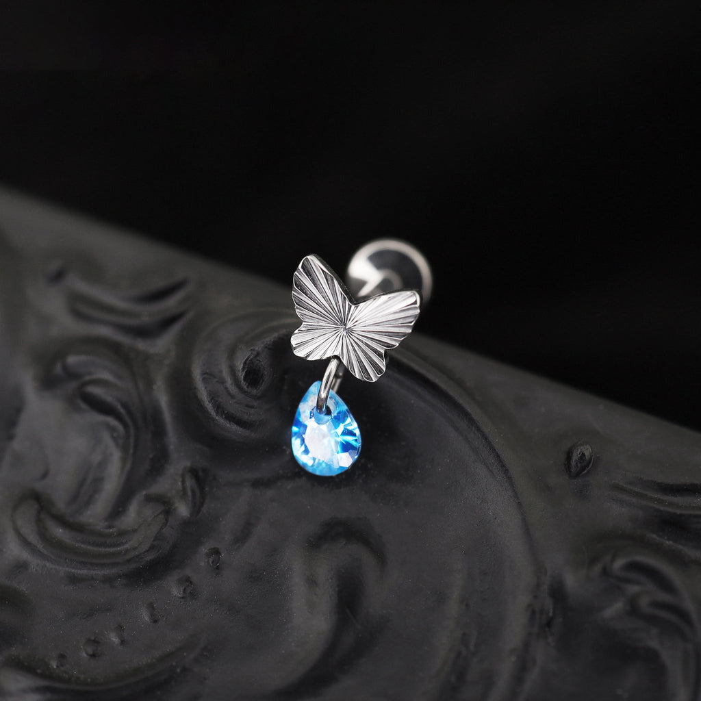 Engraved Butterfly Blue Teardrop Pendant Titanium Labret Studs - Engraved Butterfly Blue Teardrop Pendant Titanium Labret Studs - 6mm by CRUXJEWELRY