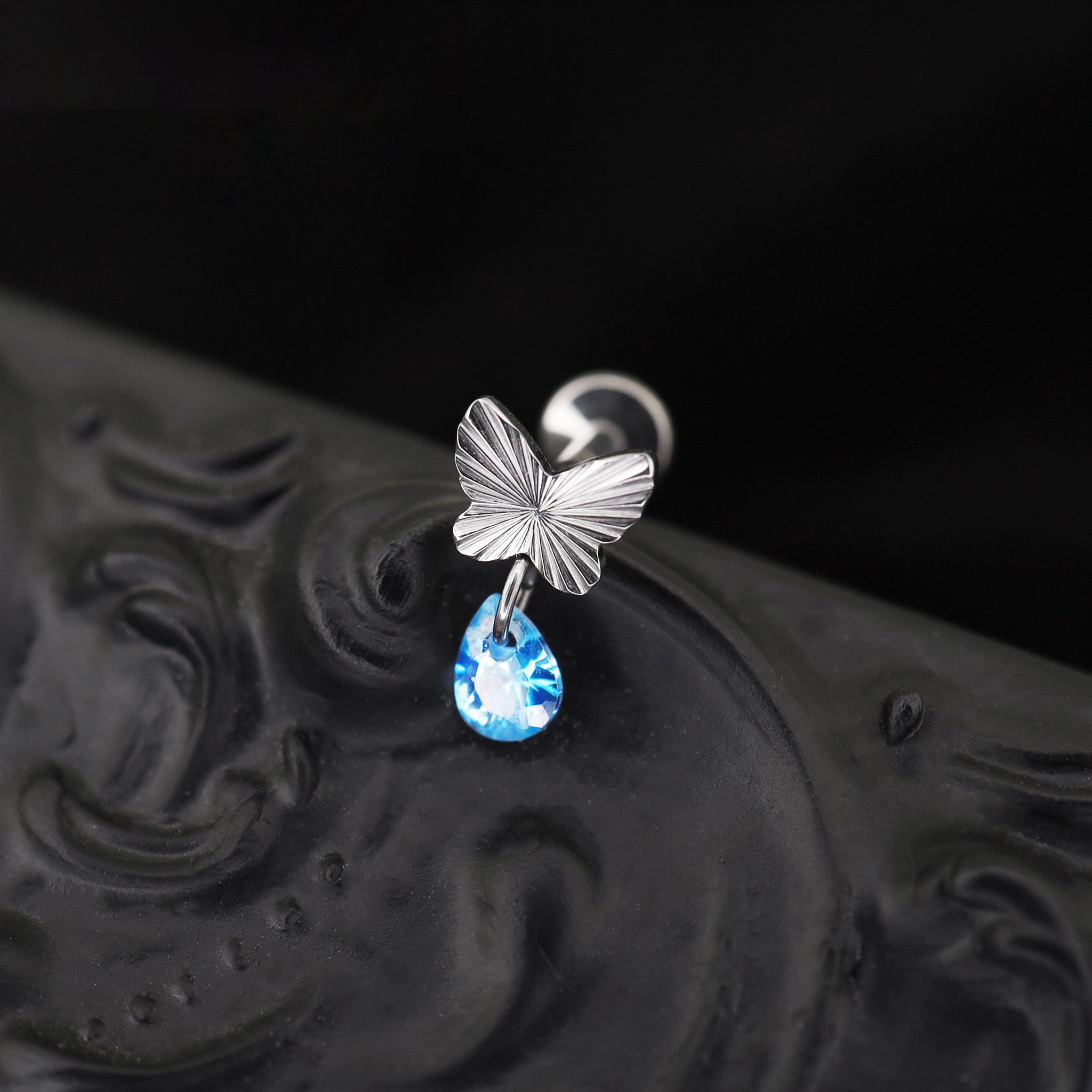 Engraved Butterfly Blue Teardrop Pendant Titanium Labret Studs - Engraved Butterfly Blue Teardrop Pendant Titanium Labret Studs - 6mm by CRUXJEWELRY