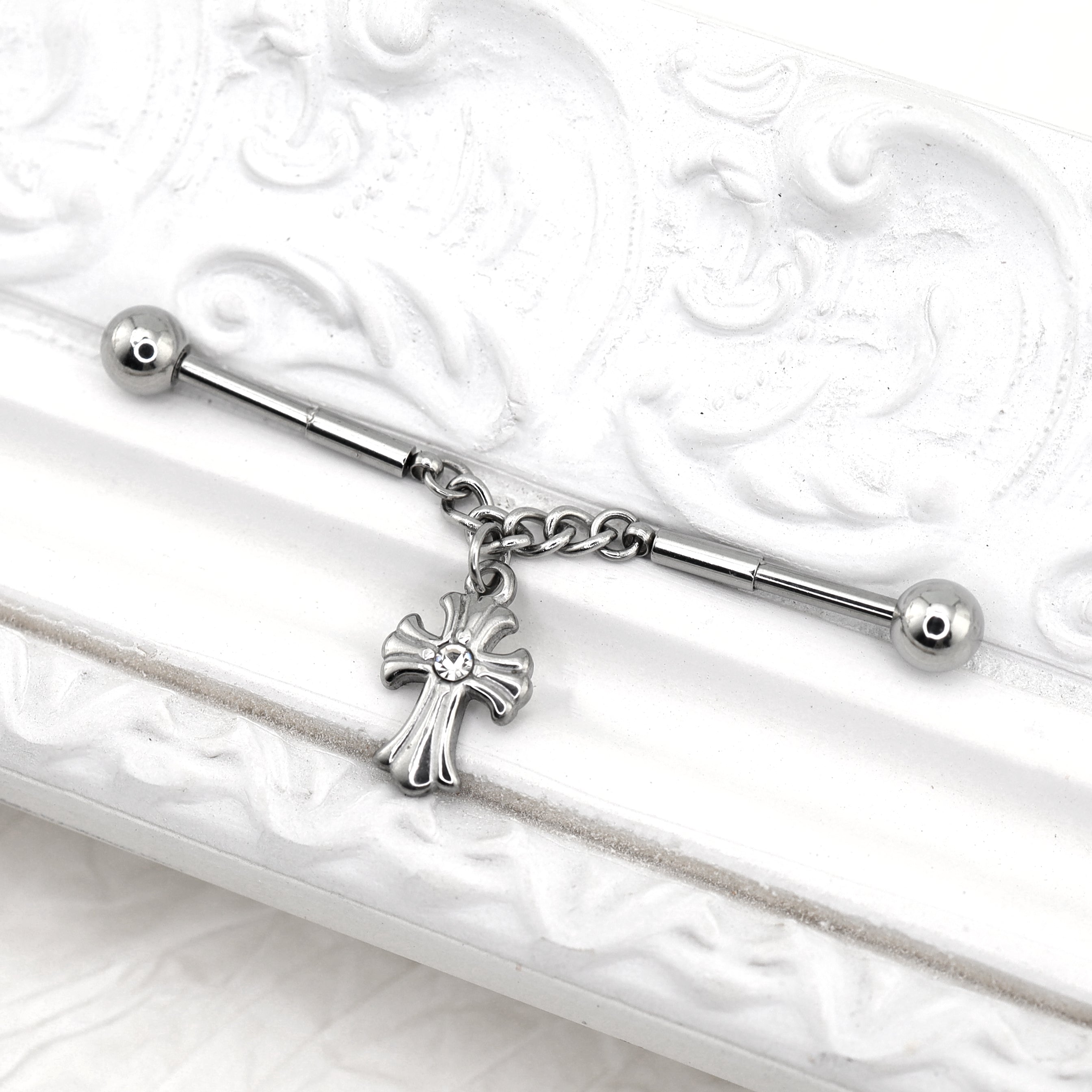 Cross CZ Stainless Steel Industrial Barbell Ear Chain - Cross CZ Stainless Steel Industrial Barbell Ear Chain - Default Title by CRUXJEWELRY