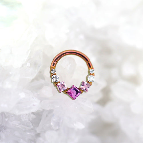 Square-Shaped Rainbow CZ Titanium Segment Hoop - Square-Shaped Rainbow CZ Titanium Segment Hoop - Pink