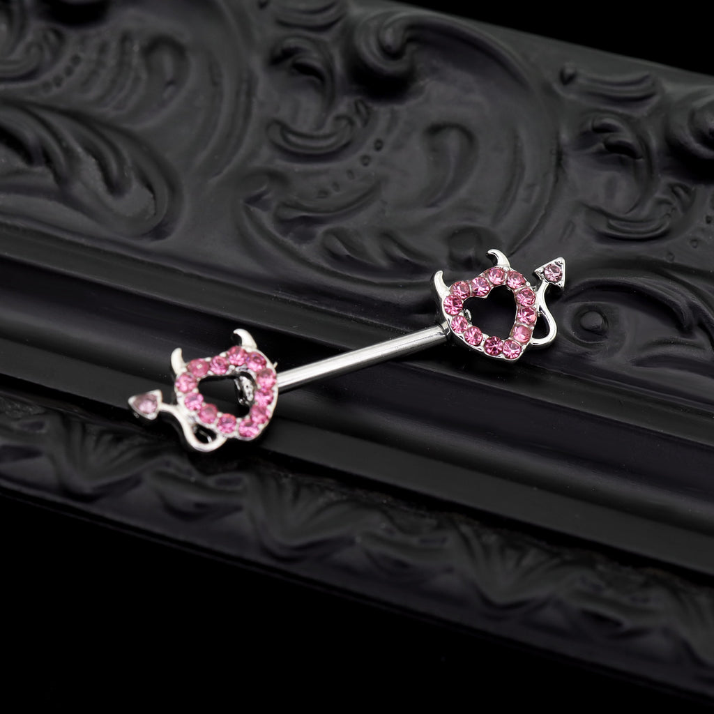 Hot Pink CZ Openwork Demon Heart Stainless Steel Nipple Rings - Hot Pink CZ Openwork Demon Heart Stainless Steel Nipple Rings - Single by CRUXJEWELRY