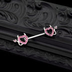 Hot Pink CZ Openwork Demon Heart Stainless Steel Nipple Rings - Hot Pink CZ Openwork Demon Heart Stainless Steel Nipple Rings - Single by CRUXJEWELRY