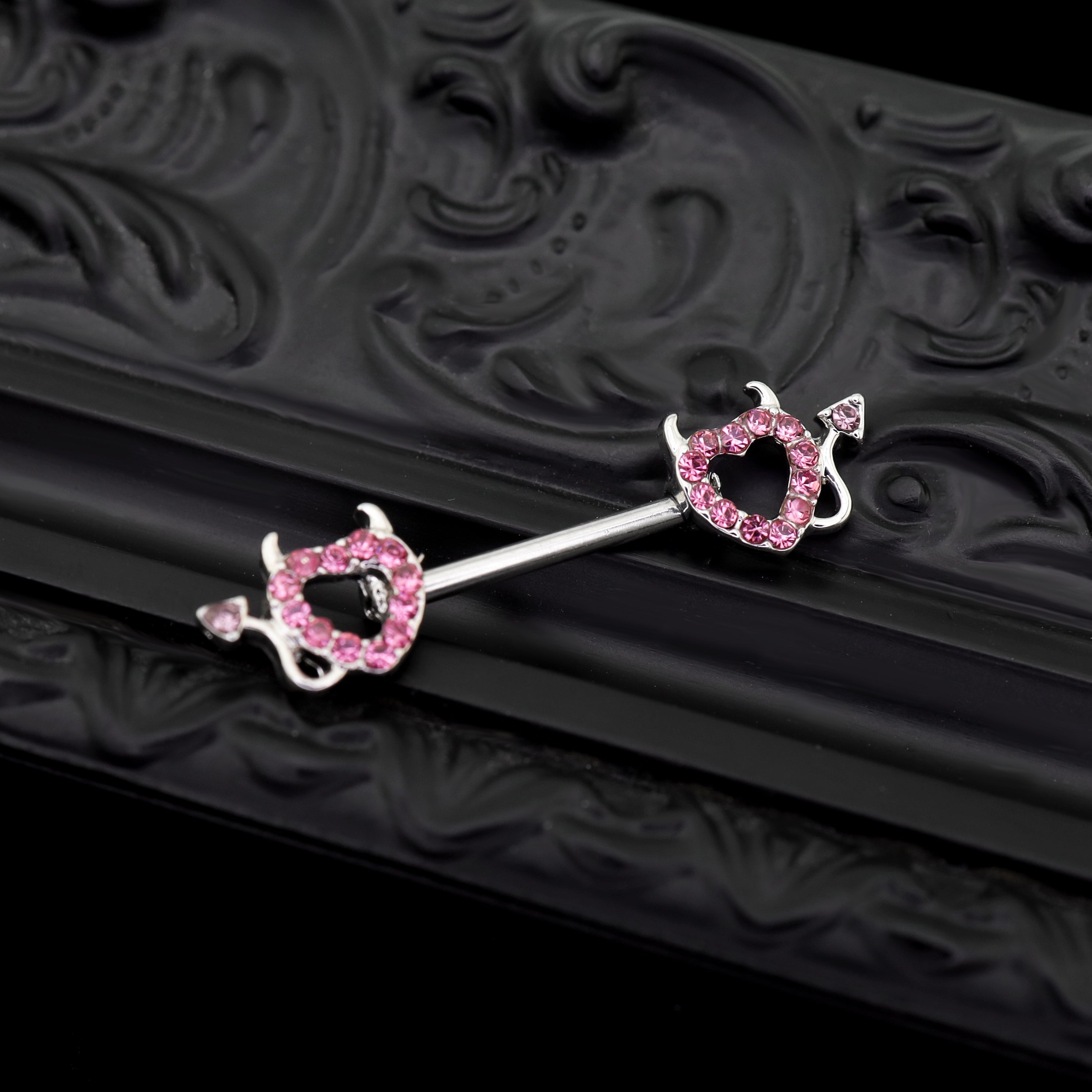 Hot Pink CZ Openwork Demon Heart Stainless Steel Nipple Rings - Hot Pink CZ Openwork Demon Heart Stainless Steel Nipple Rings - Single by CRUXJEWELRY