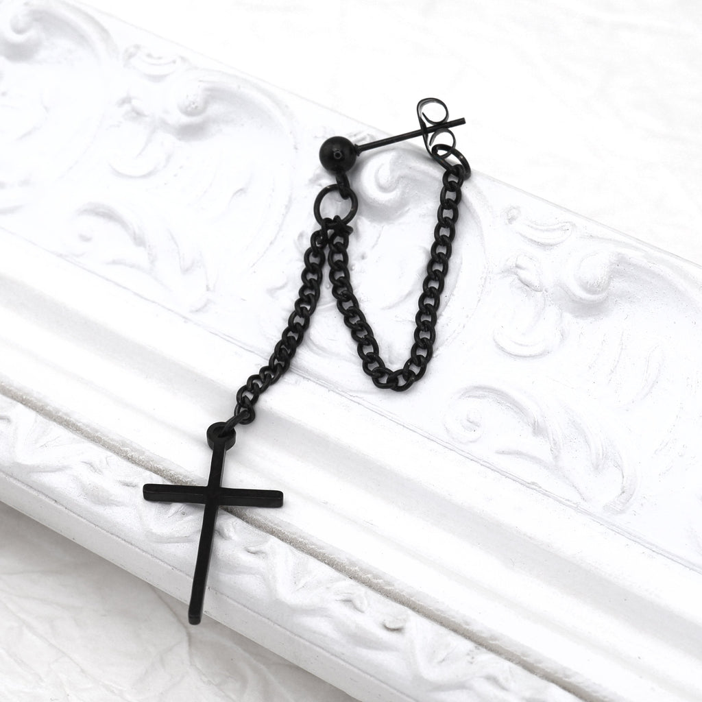 Silver & Black Cross Drop Chain Stainless steel Ear Studs - Silver & Black Cross Drop Chain Stainless steel Ear Studs - Black / Single by CRUXJEWELRY