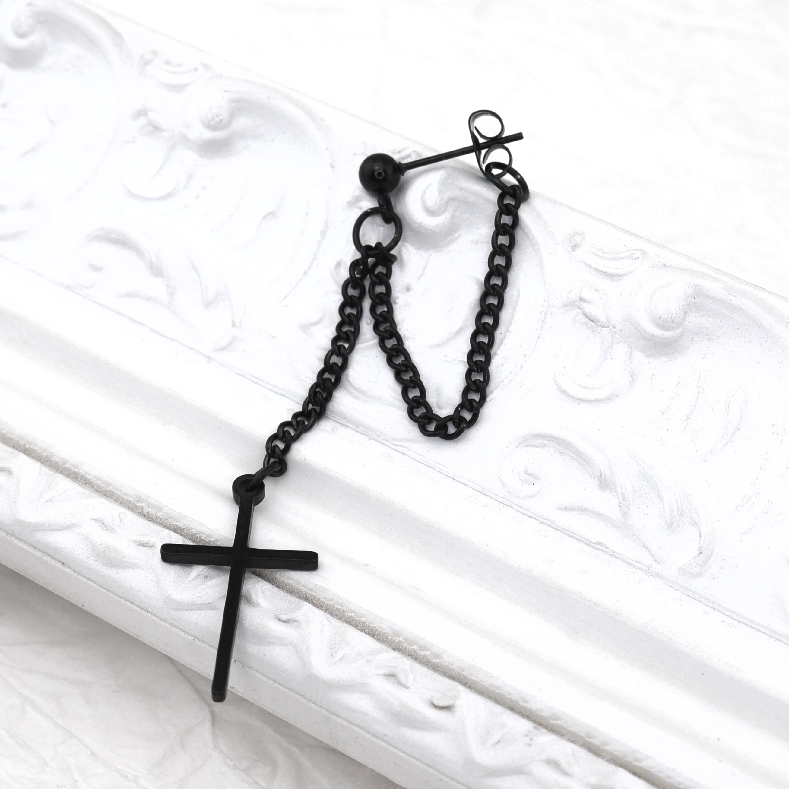 Silver & Black Cross Drop Chain Stainless steel Ear Studs - Silver & Black Cross Drop Chain Stainless steel Ear Studs - Black / Single by CRUXJEWELRY