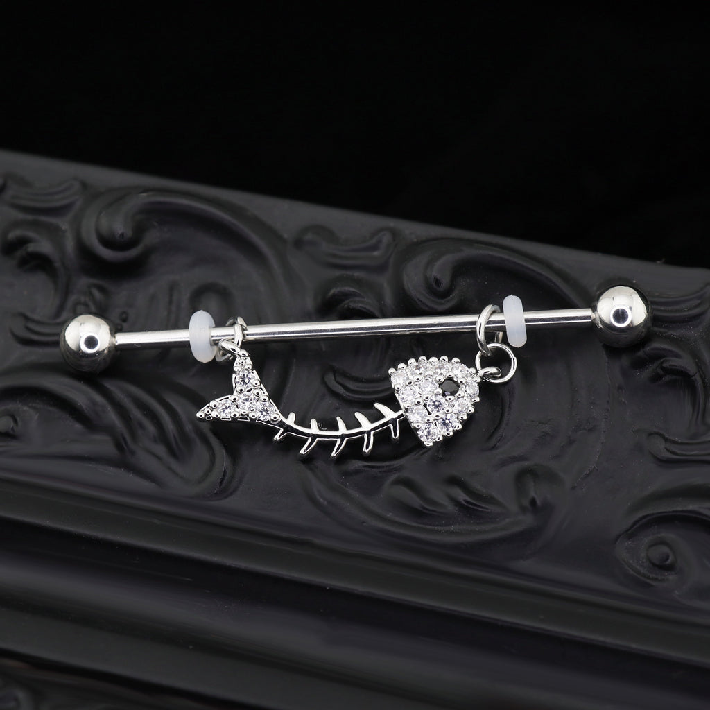 Fishbone CZ Stainless Steel Industrial Barbell - Fishbone CZ Stainless Steel Industrial Barbell - 34mm by CRUXJEWELRY