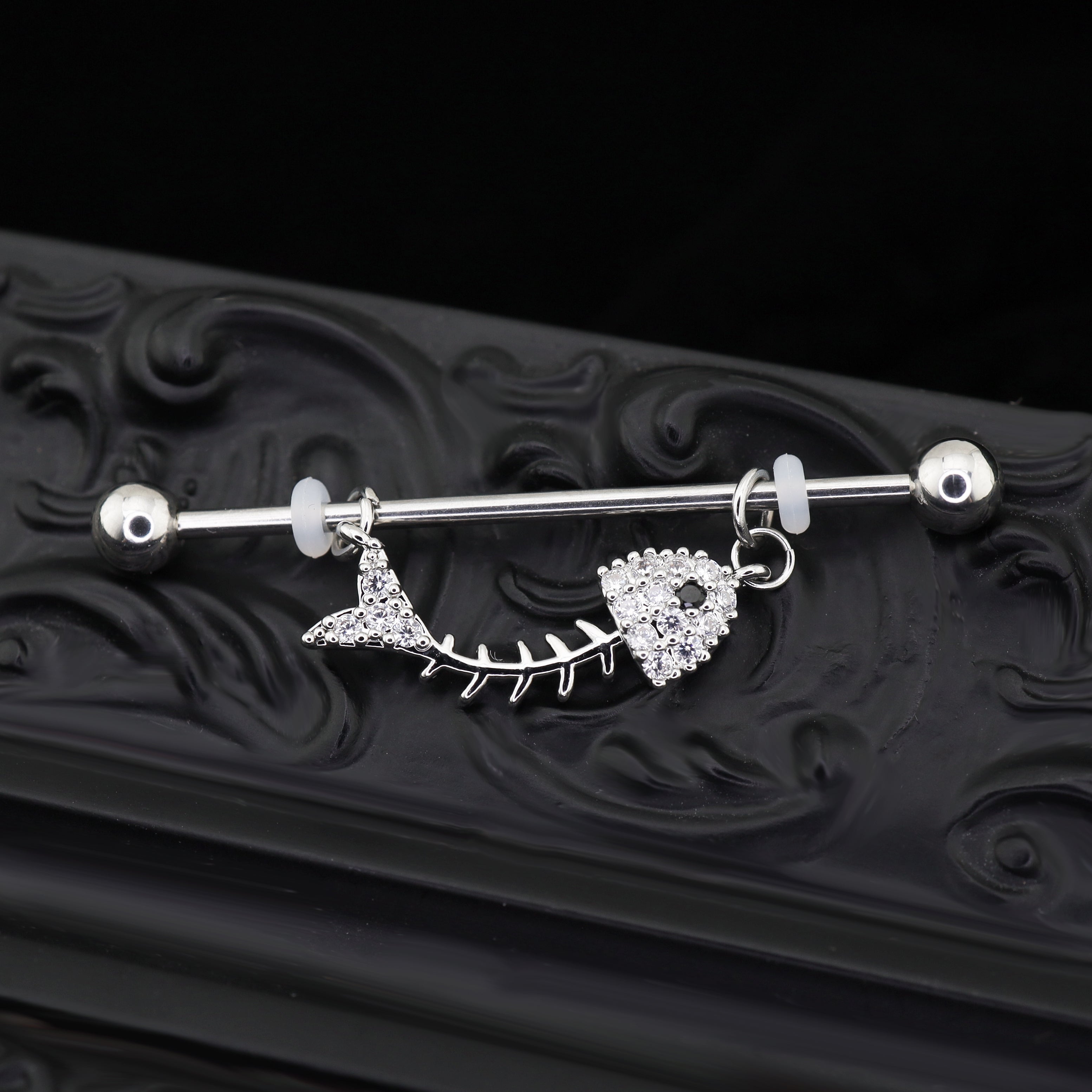 Fishbone CZ Stainless Steel Industrial Barbell - Fishbone CZ Stainless Steel Industrial Barbell - 34mm by CRUXJEWELRY