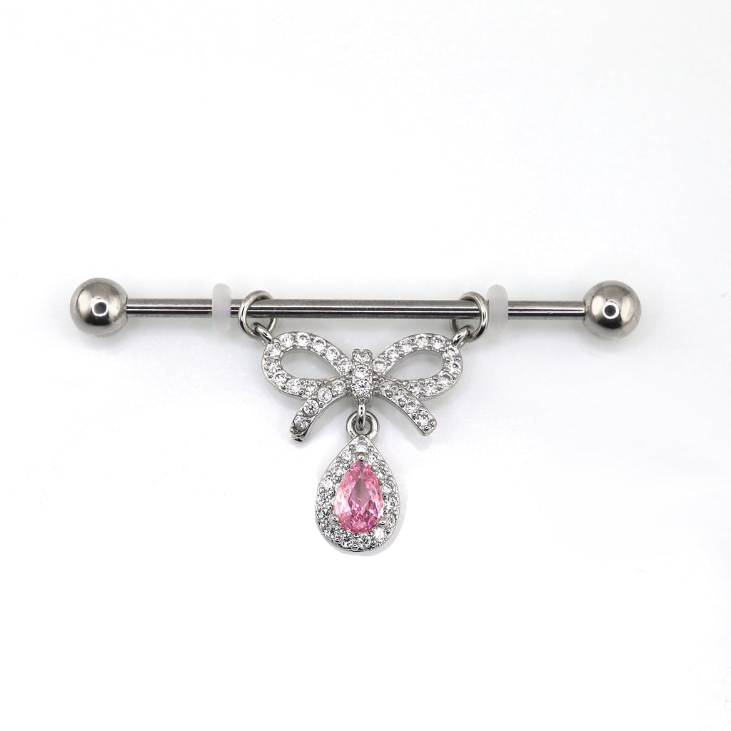 Pink CZ Bow Pendant stainless steel Industrial Barbell - Pink CZ Bow Pendant stainless steel Industrial Barbell - 34mm by CRUXJEWELRY