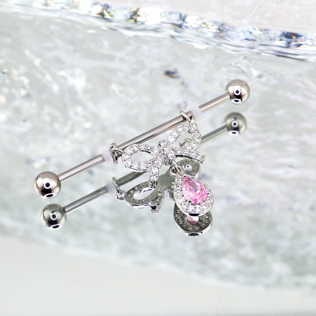 Pink CZ Bow Pendant stainless steel Industrial Barbell - Pink CZ Bow Pendant stainless steel Industrial Barbell - 34mm by CRUXJEWELRY