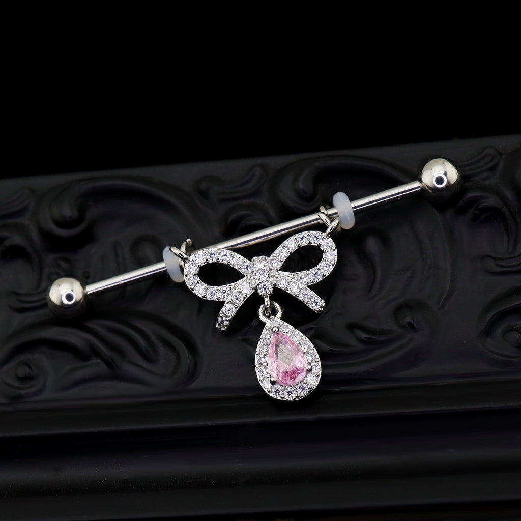 Pink CZ Bow Pendant stainless steel Industrial Barbell - Pink CZ Bow Pendant stainless steel Industrial Barbell - 34mm by CRUXJEWELRY