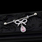 Pink CZ Bow Pendant stainless steel Industrial Barbell - Pink CZ Bow Pendant stainless steel Industrial Barbell - 34mm by CRUXJEWELRY