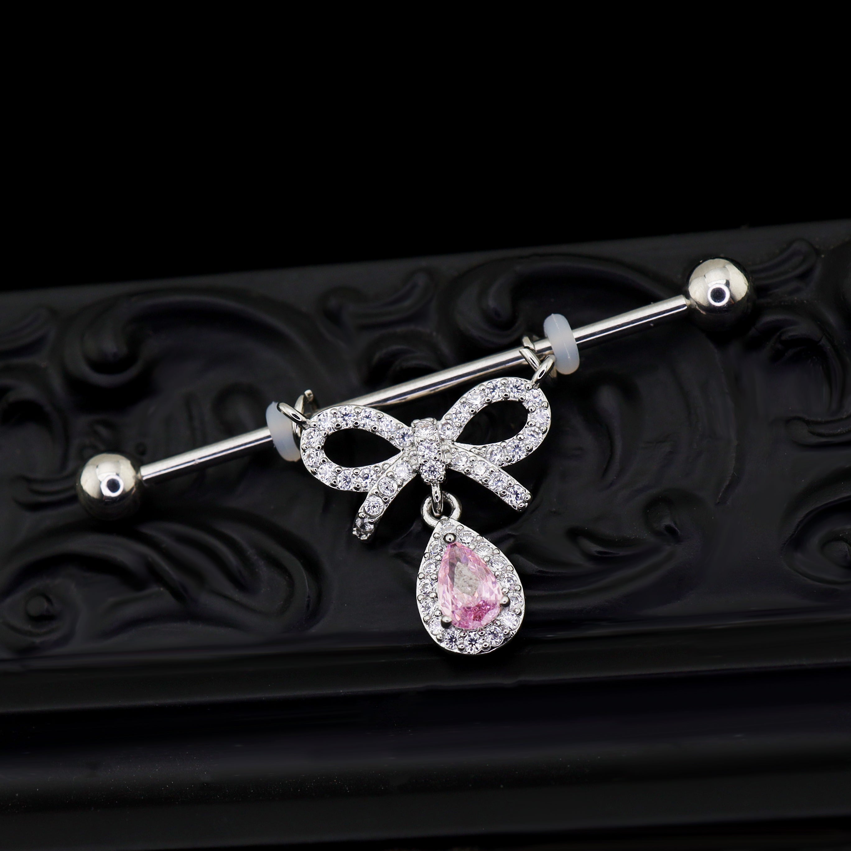 Pink CZ Bow Pendant stainless steel Industrial Barbell - Pink CZ Bow Pendant stainless steel Industrial Barbell - 34mm by CRUXJEWELRY