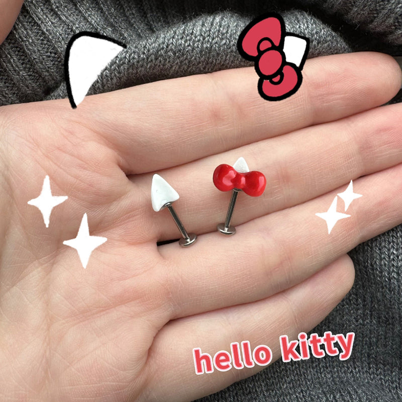 Paws & Purrs - Cute Kitty Bow Titanium Helix Studs - Paws & Purrs - Cute Kitty Bow Titanium Helix Studs - Bowkont / 6mm by CRUXJEWELRY