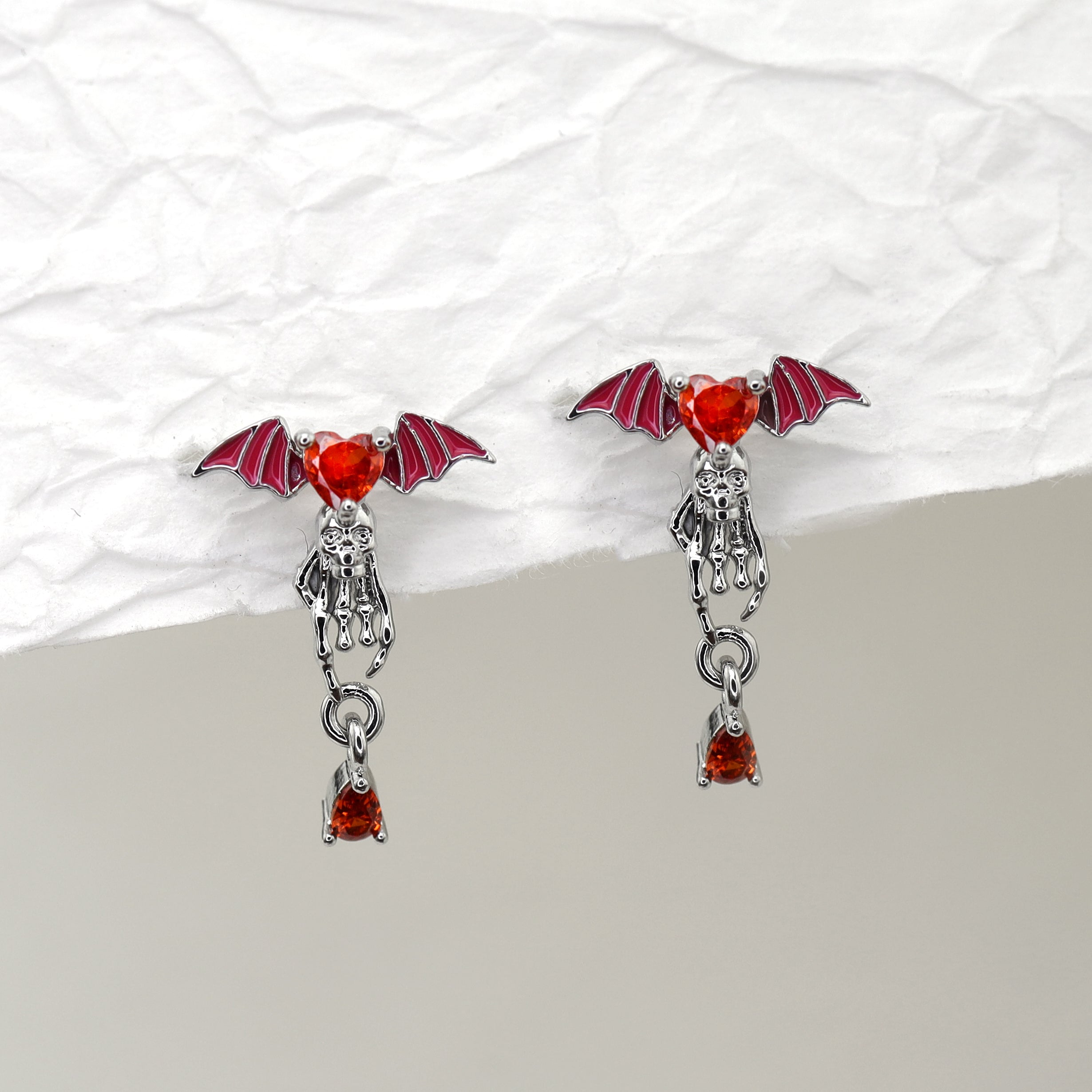 Red CZ Bat & Skull Dangle white-gold-plated copper Ear Studs - Red CZ Bat & Skull Dangle white-gold-plated copper Ear Studs - Set by CRUXJEWELRY