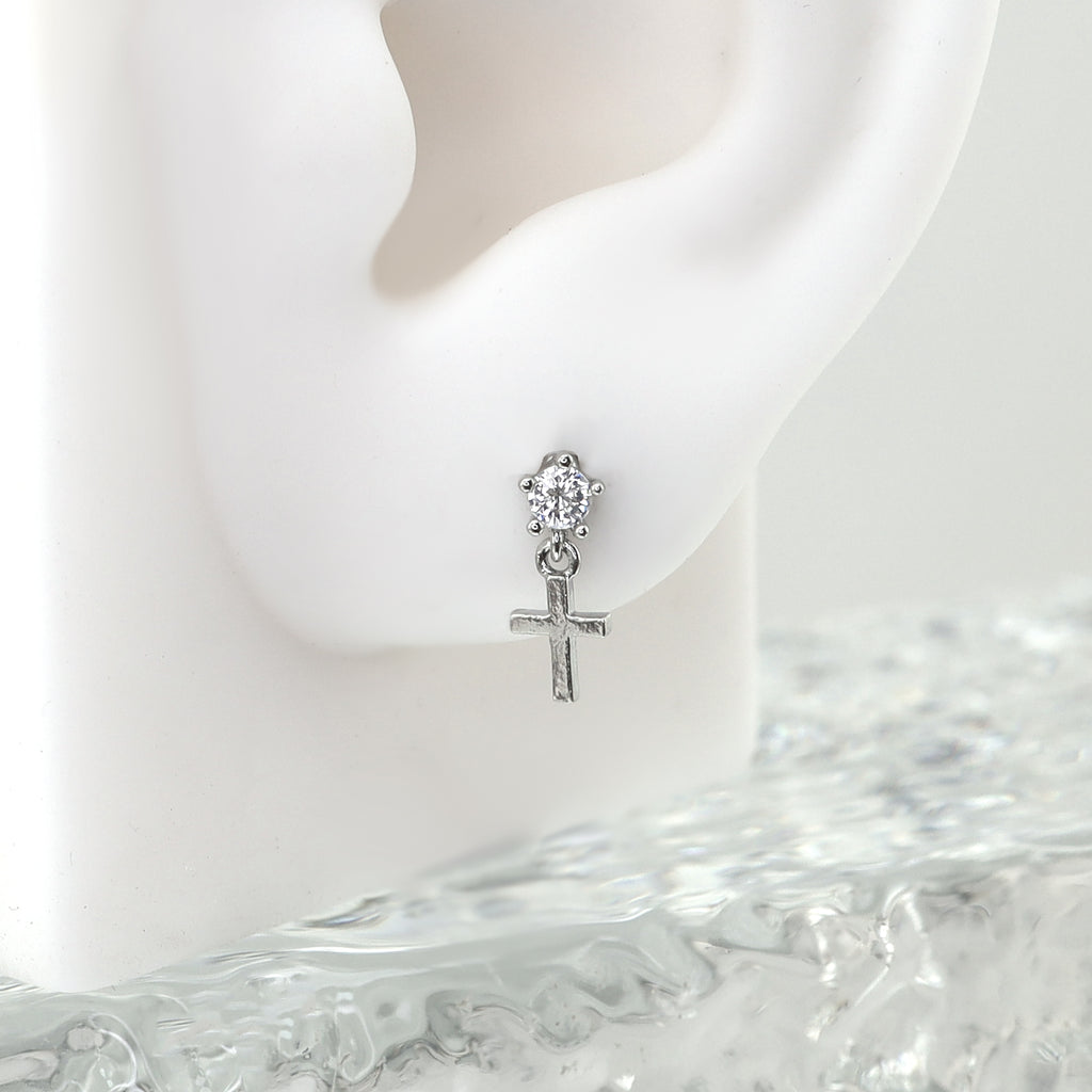 Pendant Cross CZ Stainless Steel Ear Studs - Pendant Cross CZ Stainless Steel Ear Studs - Single by CRUXJEWELRY