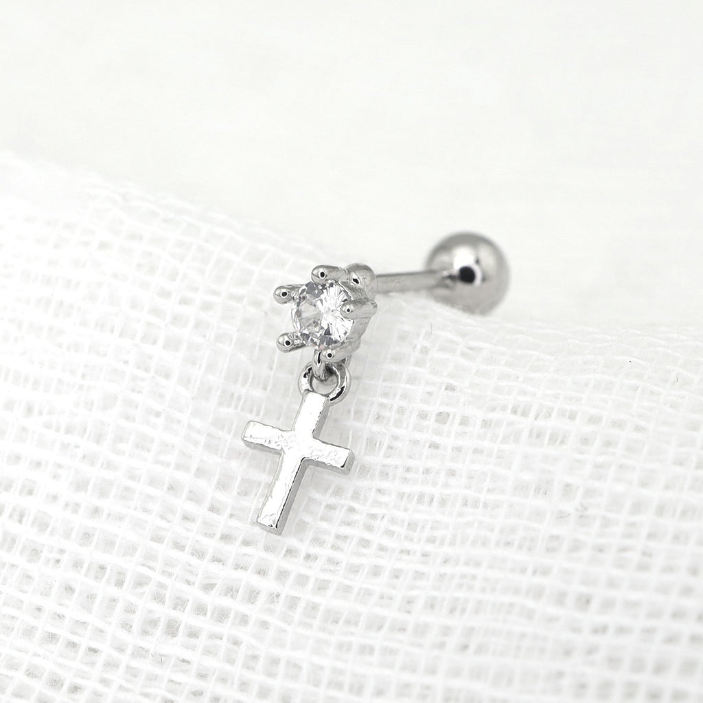 Pendant Cross CZ Stainless Steel Ear Studs - Pendant Cross CZ Stainless Steel Ear Studs - Single by CRUXJEWELRY