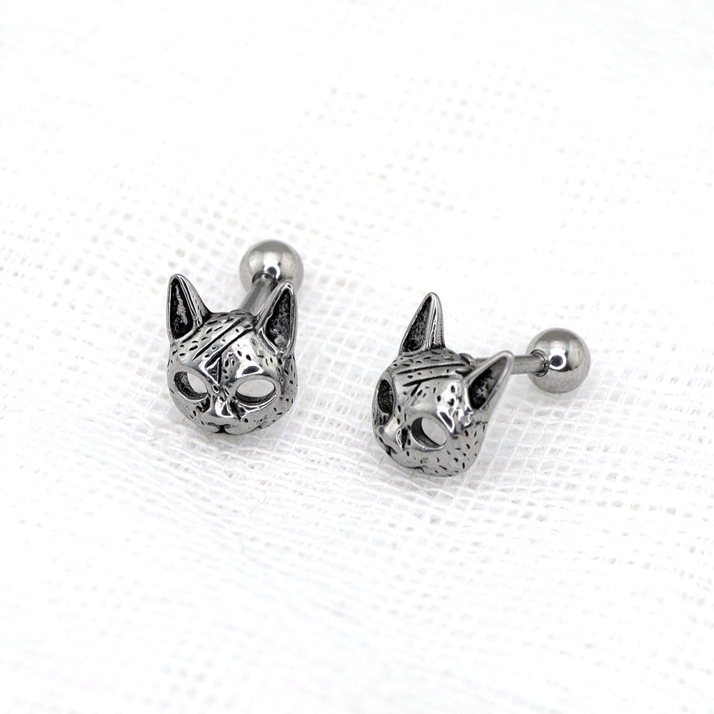 Vintage Openwork Cat Head Stainless Steel Ear Studs - product image 3