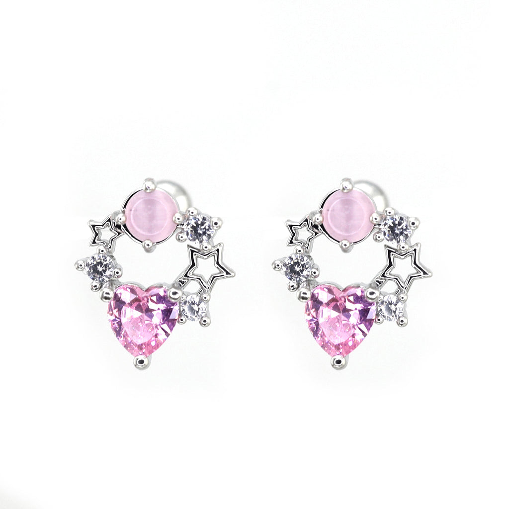 Pink CZ Cat's Eye Floral Halo white-gold-plated copper Ear Studs - Pink CZ Cat's Eye Floral Halo white-gold-plated copper Ear Studs - Set by CRUXJEWELRY
