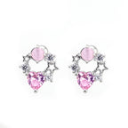 Pink CZ Cat's Eye Floral Halo white-gold-plated copper Ear Studs - Pink CZ Cat's Eye Floral Halo white-gold-plated copper Ear Studs - Set by CRUXJEWELRY