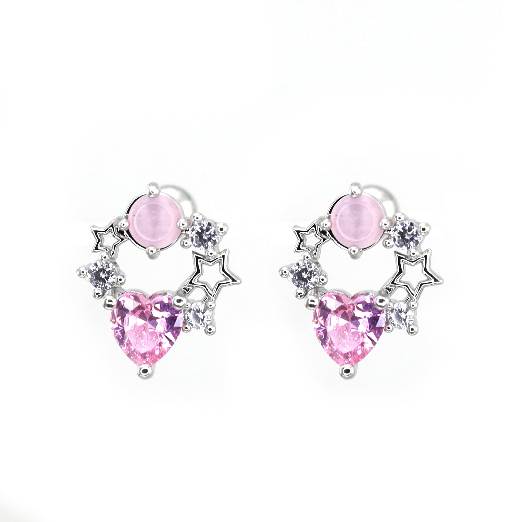Pink CZ Cat's Eye Floral Halo white-gold-plated copper Ear Studs - Pink CZ Cat's Eye Floral Halo white-gold-plated copper Ear Studs - Set by CRUXJEWELRY
