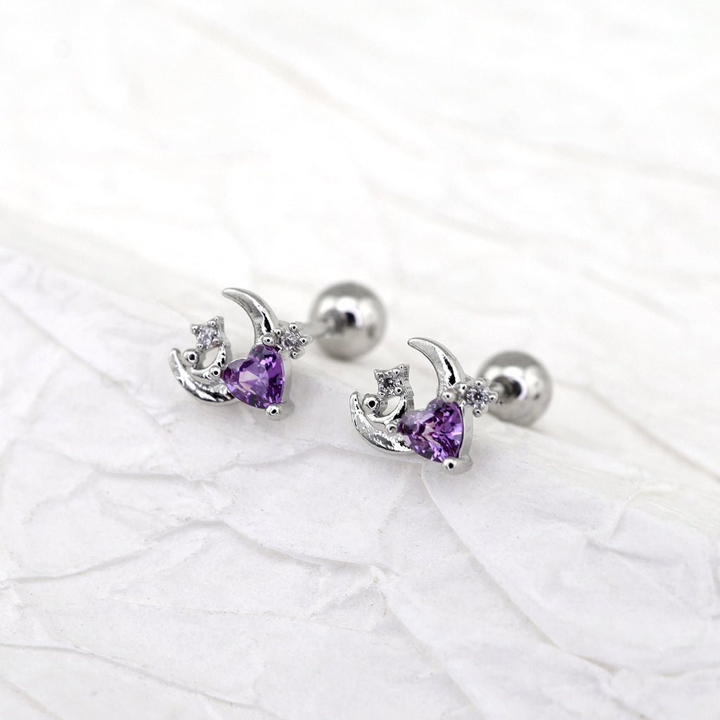PAIR OF 20G Thin Star Moon Heart CZ Ear Studs - PAIR OF 20G Thin Star Moon Heart CZ Ear Studs - Pink by CRUXJEWELRY